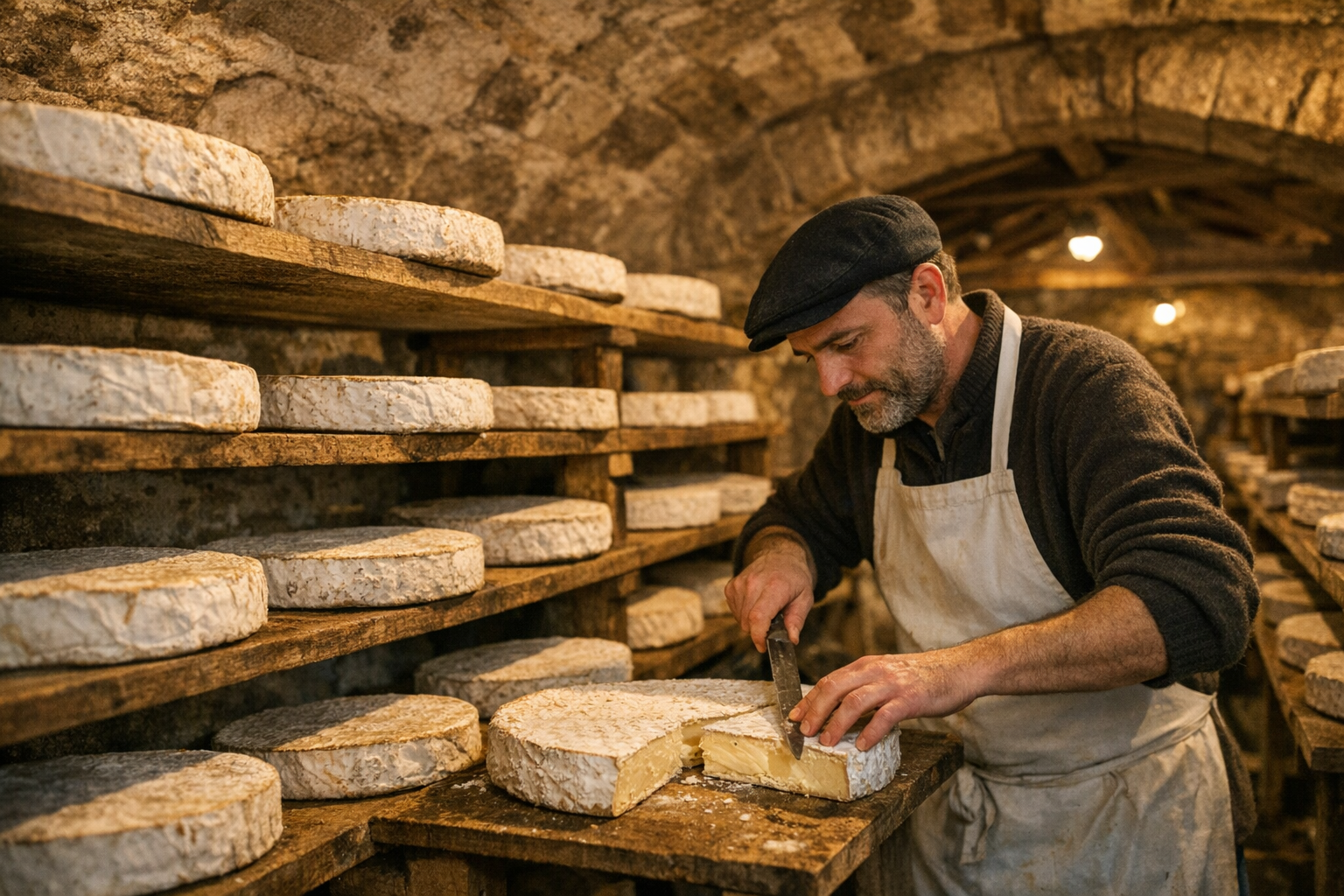 Affineur parisien coupant un Brie à croûte fleurie dans sa cave d’affinage.