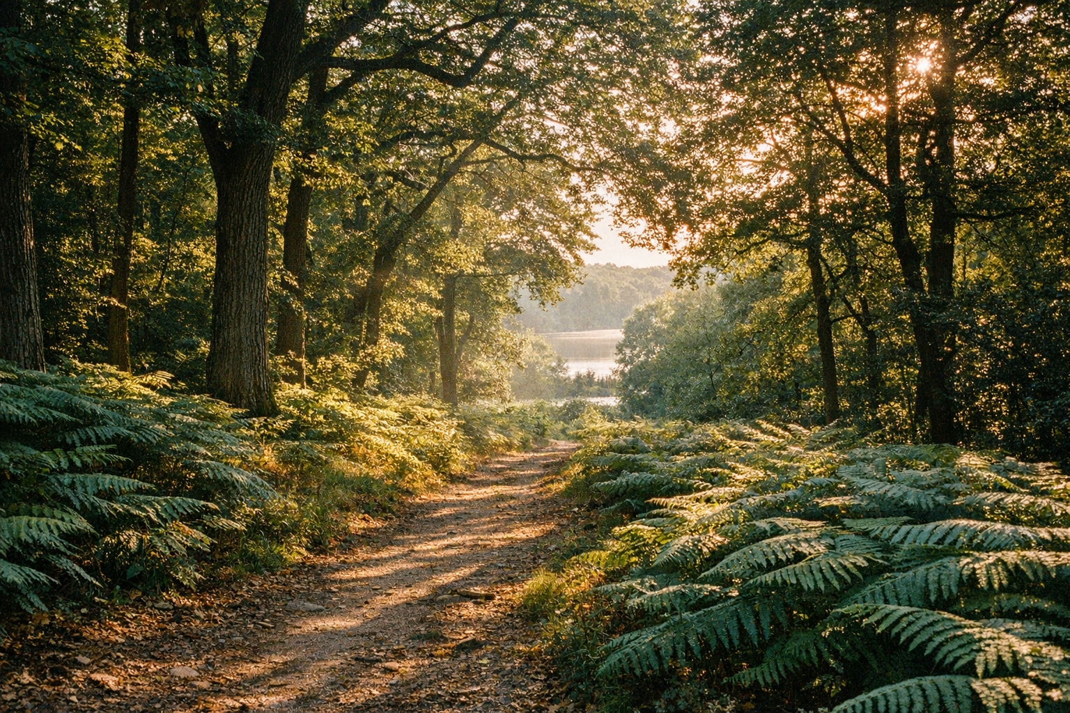 Sentier ombragé en forêt de Malmaison près de l’étang Saint-Cucufa.