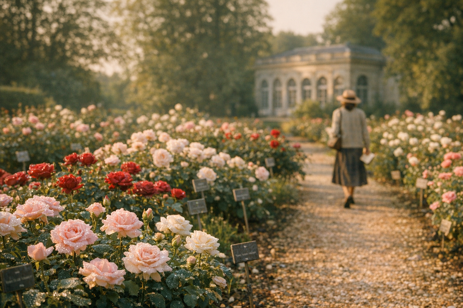 Roses anciennes en fleurs dans la roseraie du domaine de Malmaison.