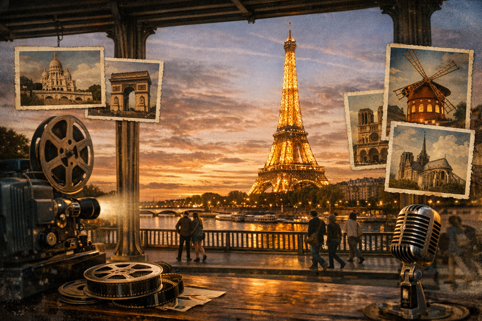 Tour Eiffel avec cartes postales, bobine de film et micro vintage
